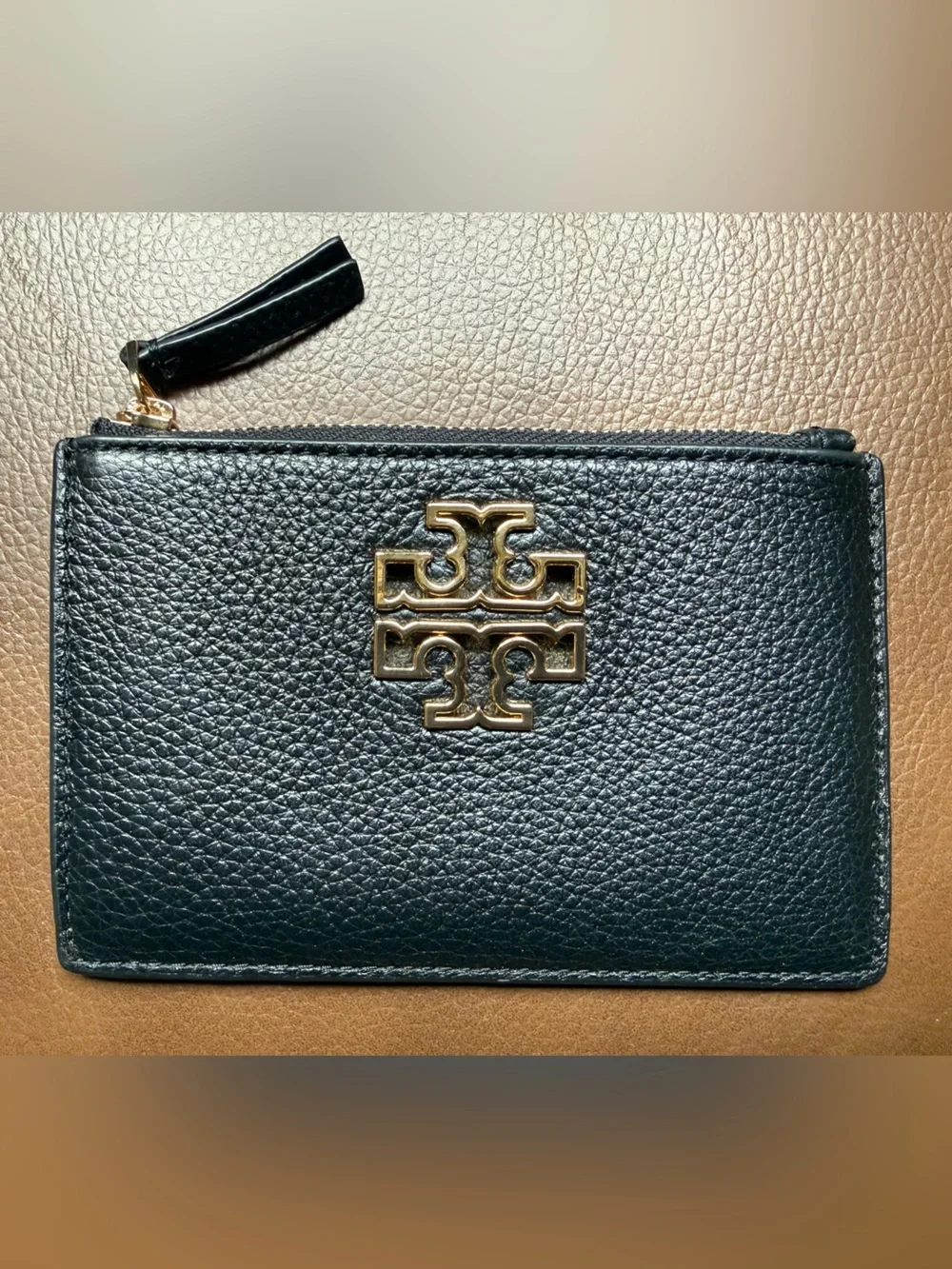 Tory Burch Britten Black Pebbled Leather Zip Card Case